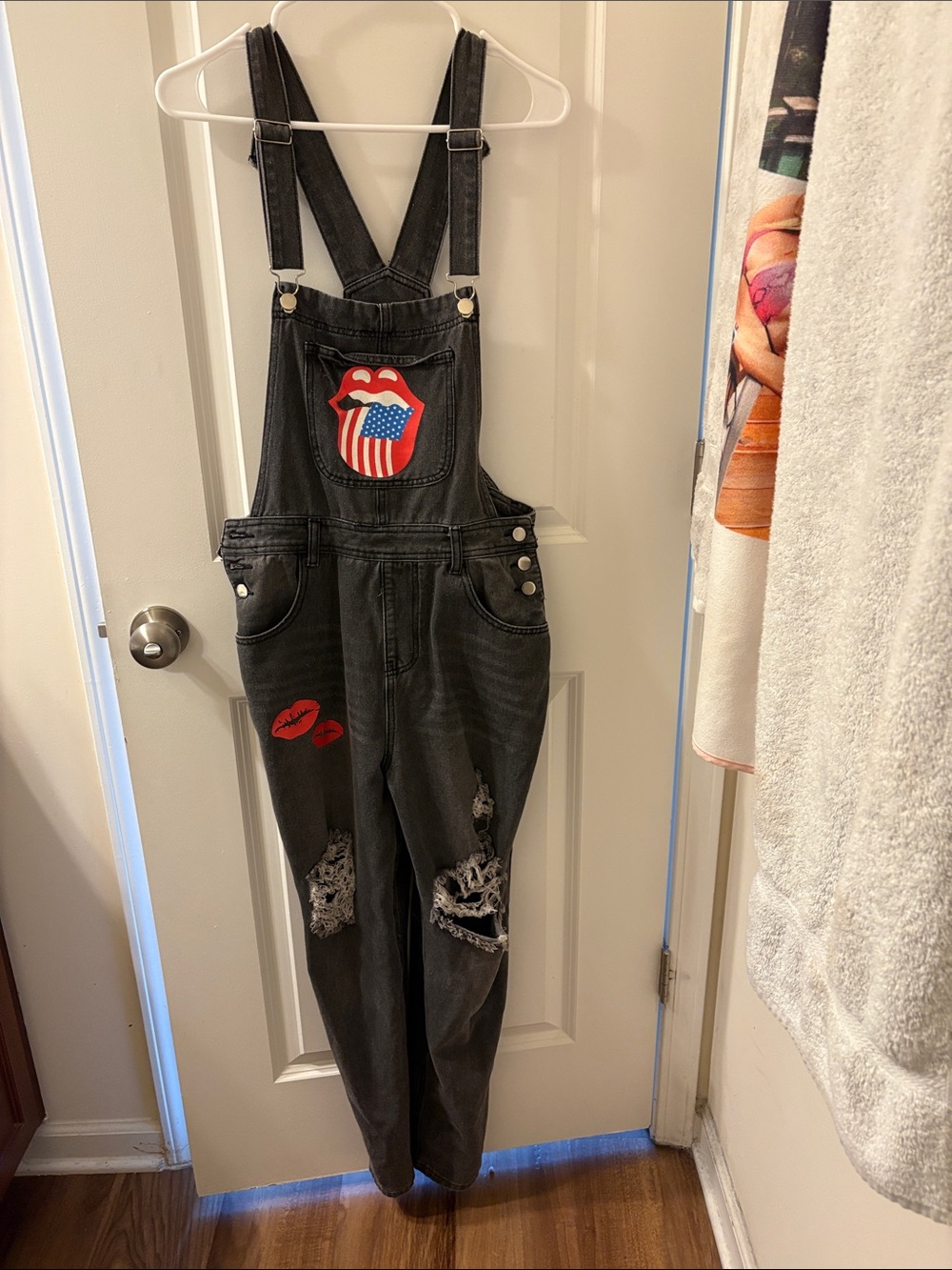 Black Distressed Denim Overalls with Rolling stone flag patch